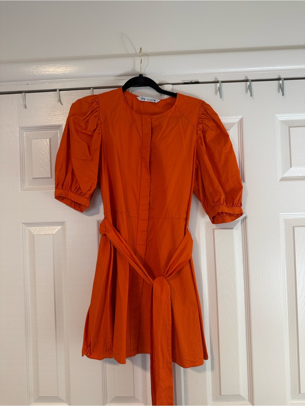 Zara Orange Puff-Sleeve Tie-Waist Mini Dress
